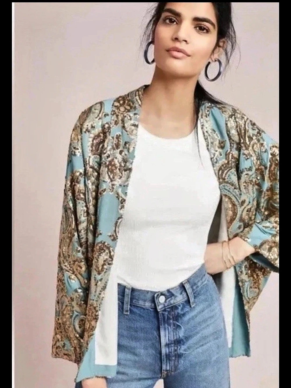 Anthropologie Ett:Twa Kimono Jacket Size XS/ Small Gold Sequin Sparkle Aqua Blue
